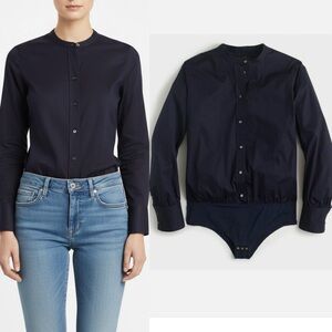 NWT J. Crew Stretch Perfect Bodysuit Navy Collarless Long Sleeve Button Down 8